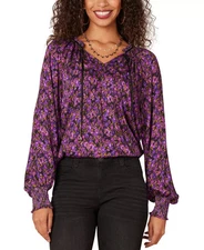 Democracy Petite Printed Split-Neck Blouson-Sleeve Blouse Women's PM Multicolor