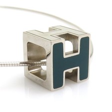 Auth HERMES H Cube Pendant Necklace Silver/Blue Green Metal/Enamel - e61877a