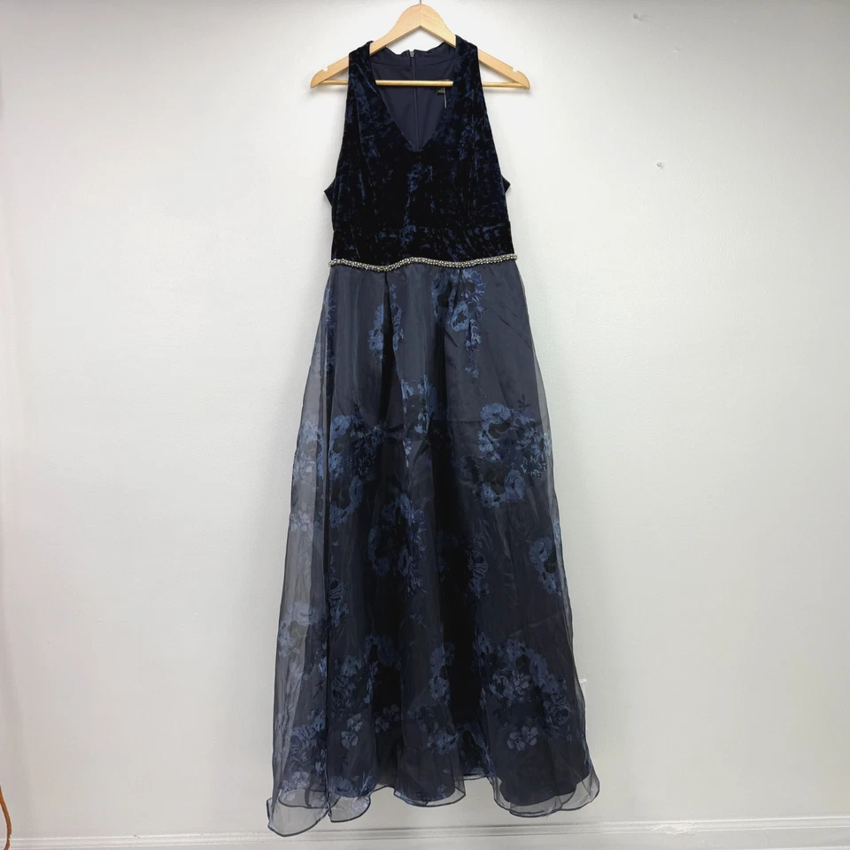 Ignite Evenings 蓝色花卉吊带礼服正式礼服 14 码天鹅绒派对假日 — 第 3/4 张图片