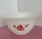 Vintage 1930's McKee Milk Glass 9" Mixing Bowl Sailboat Anchor Ship Wheel Red!