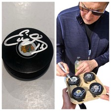 EDDIE OLCZYK SIGNED CHICAGO BLACKHAWKS HOCKEY PUCK W/ CASE COA