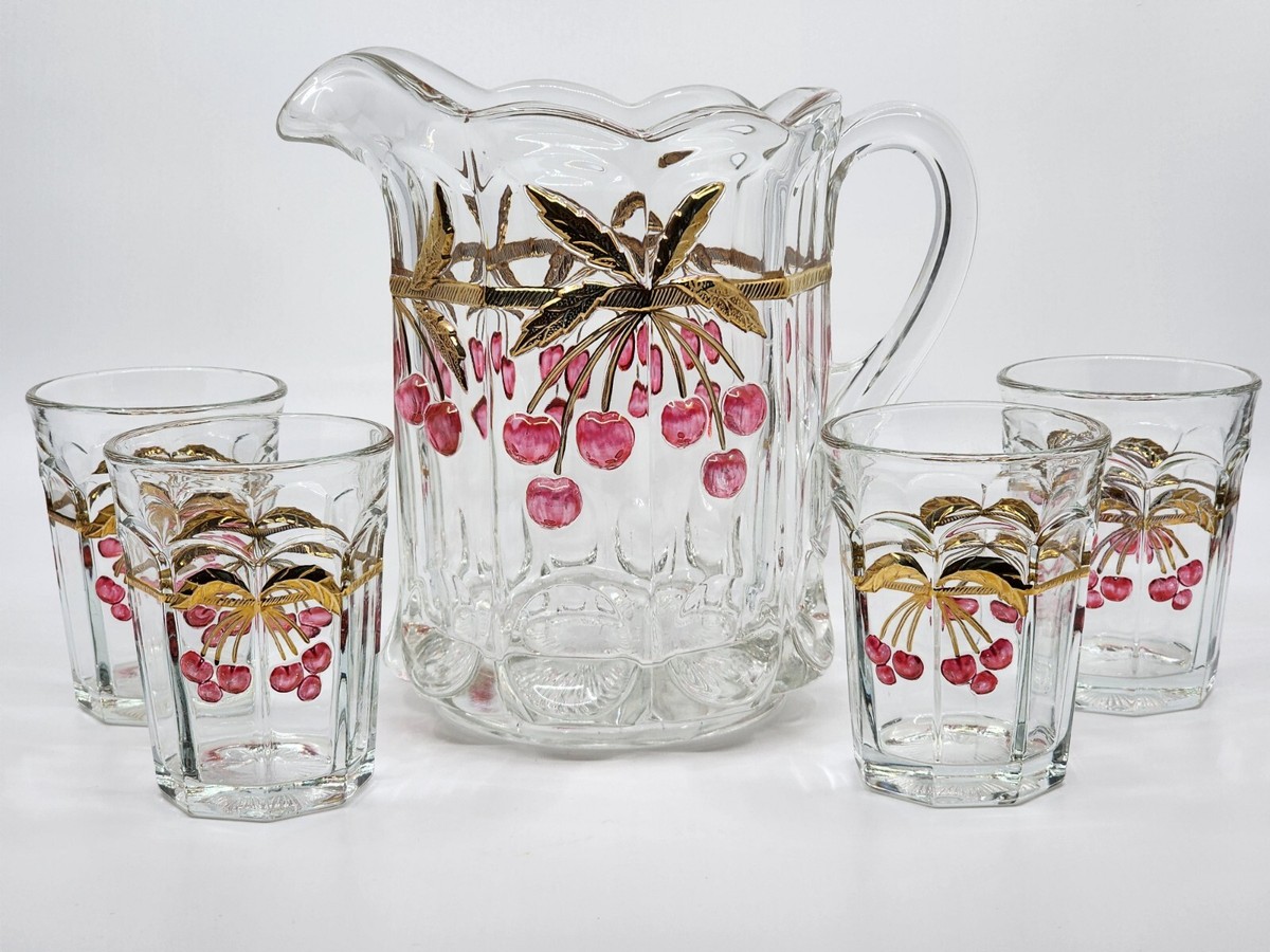 モッサーグラス チェリー MOSSER GLASS Mosser Art Glass Cherry Thumbprint 52 oz Pitcher and 4 Flat