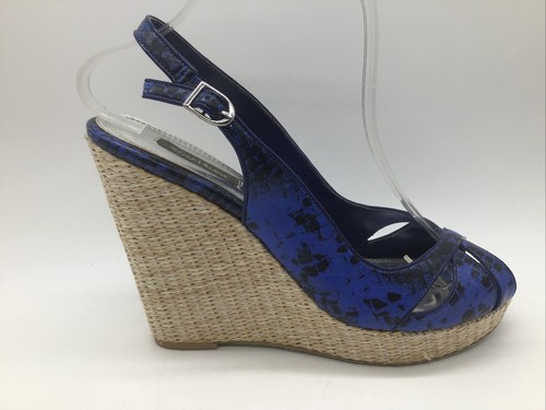 White House|Black Market ”Sophie Blue”Blue & Black Wedge Peep Toe Sandals 9M - Picture 5 of 17