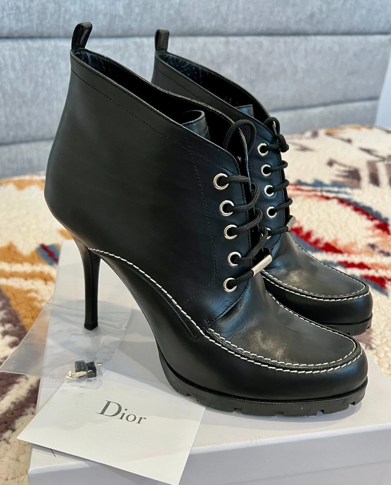 AUTHENTIQUE ! Bottes en cuir noir Christian Dior POLAIRE LACE UP CHEVILLE EU 41/US 10