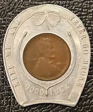 1920-D LINCOLN WHEAT CENT ENCASED HORSESHOE GOOD LUCK TOKEN COIN MEDAL 