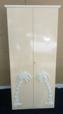 Vintage MCM Cream Freestanding Wardrobe Cabinet 3-D Palm Trees Overlay Italy
