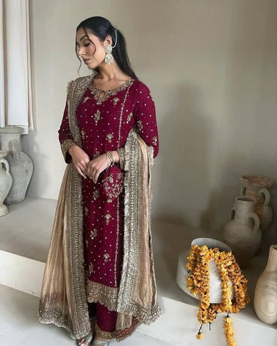 INDIAN SALWAR KAMEEZ PAKISTANI WEDDING PARTY DRESS WEAR BOLLYWOOD SUITS HEAVY - Picture 3 of 14