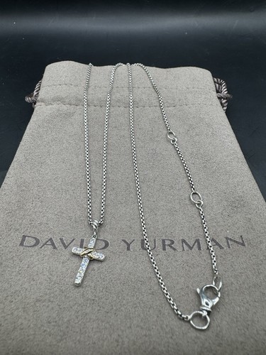 David Yurman Sterling Silver Petite Diamond Cross With Diamonds & 18k Gold 17” - Picture 7 of 10