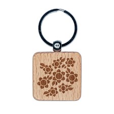 Scatter of Sunflowers Engraved Wood Square Keychain Tag Charm
