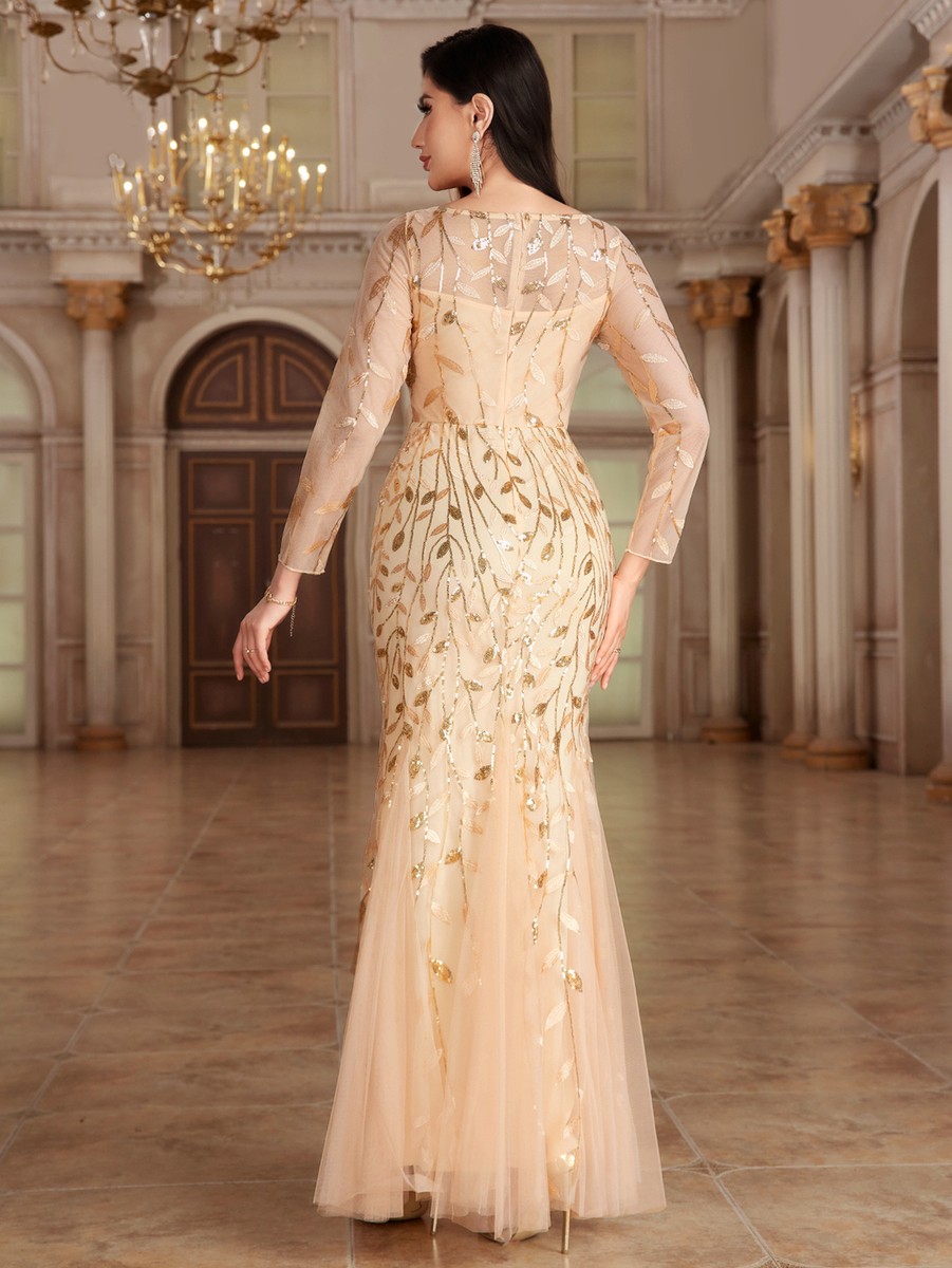 Long Sleeve RoundNeck Fully Lined Zipper Fishtail Dress Embroidered  EveningDress