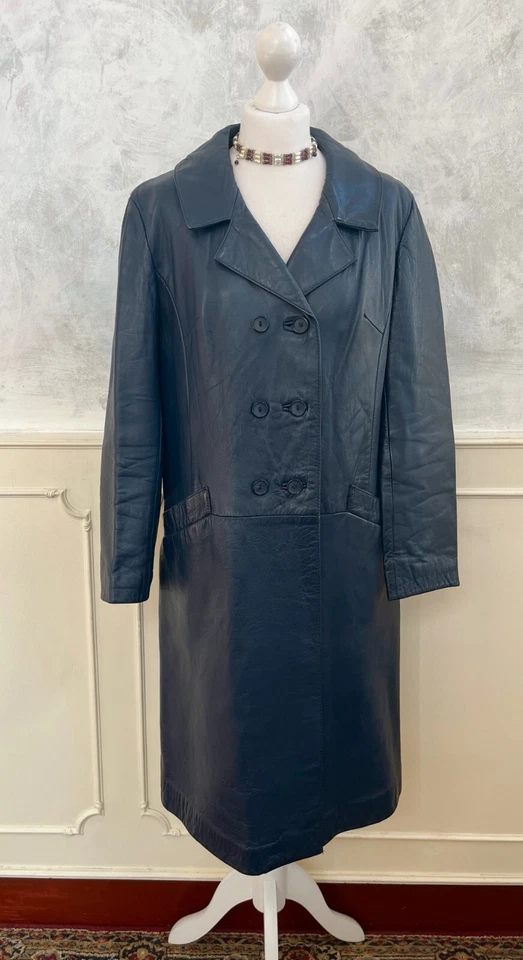Vintage 1970's Midnight Blue Real Leather Retro Unisex Matrix Trench Coat 14 - Image 2 of 4