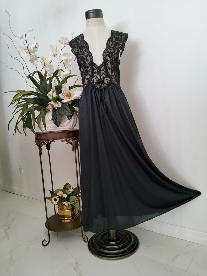 NUEVO CAMISÓN VINTAGE OLGA NEGRO 100% NYLON HERMOSO ENCAJE TOP GRANDE Foto 3 de 4