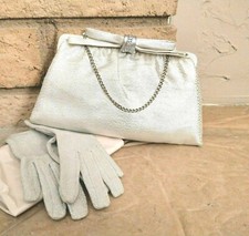 Vtg After Five Silver Metallic Satin Jeweled clasp Evening Bag Clutch