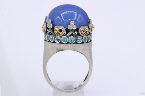 LARGE COCKTAIL RING CHALCEDONY BLUE RING STERLING SILVER & GOLD SIZE 7.5 - Picture 5 of 12