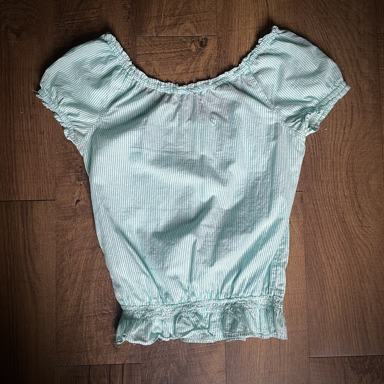 Forever 21 Mint Teal & White Striped Peasant Top Blouse Puff Sleeve
