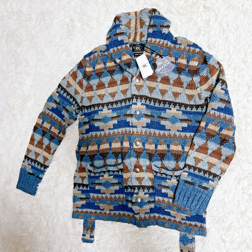 RRL Ralph Lauren Cardigan HAND KNIT Indigo Linen Wool Ranch Belt Mens Size L NEW - Picture 9 of 18