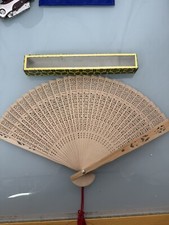 Vintage Wooden Cutout Folding Fan in Original Glass Top Box Pink Tassel