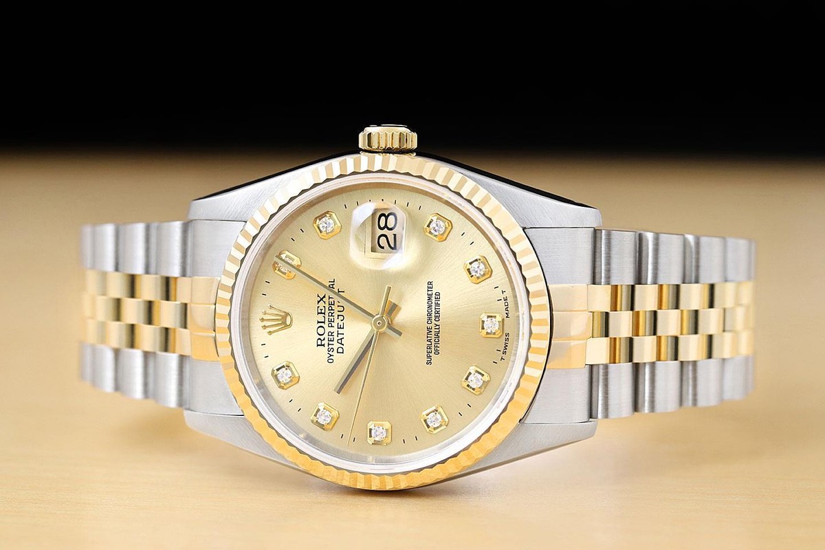 ROLEX Datejust ゴールド シルバー ROLEX MENS DATEJUST 16233 FACTORY DIAMOND DIAL 18K YELLOW GOLD
