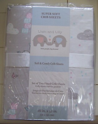 Liam & Lilly Gray White Elephant Star Cloud Set of 2 Fitted Crib Sheets 28 x 52