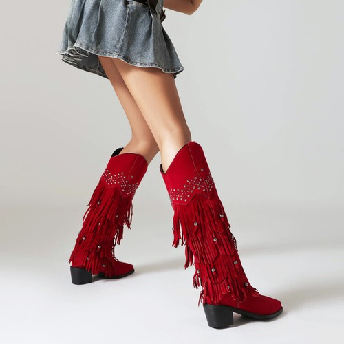 Botas Occidentales Borla Mujeres Tacón de Bloque Puntera Puntera Tirada Vaquero Botas Altas a la Rodilla - Imagen 11 de 15