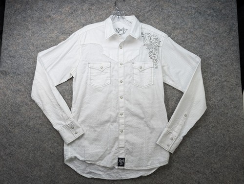 Camisa Wrangler Rock 47 Para Hombre Mediana Blanca Perla Bordada a Presión Vaquero Occidental - Imagen 13 de 13