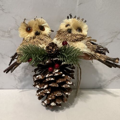 Christmas Owl Figurine Acorn Ornament Wood Bristles 7”x9” Holly Hanging Natural - Picture 1 of 9