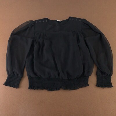 Notations Women's Size Medium Black Long Sleeve Smocked Hem Padded Shoulder Top