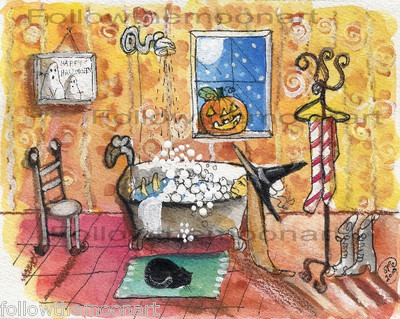 Saturday Night Witch Bubble Bath Black Cat Halloween Full Moon Pumpkin Wall Art 