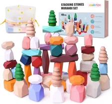 48 PCS Wooden Stacking Rocks Stones Building Blocks, Montessori Toys for 3+ Year