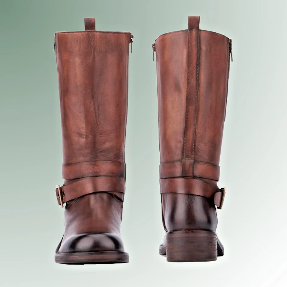 Botas de cuero vintage marrón hechas a mano, botas de montar clásicas con correa con hebilla, media pantorrilla Foto 2 de 4