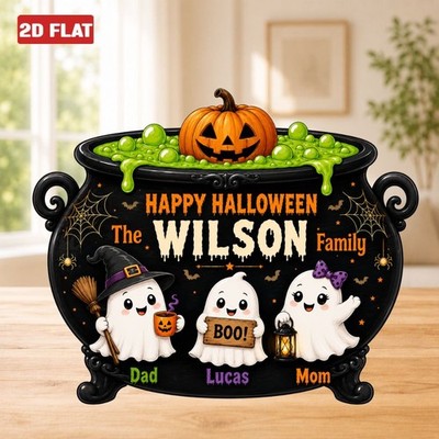 Personalized Halloween Cauldron Family Wooden Block 2D FLAT Spooky Ghost Pumpkin