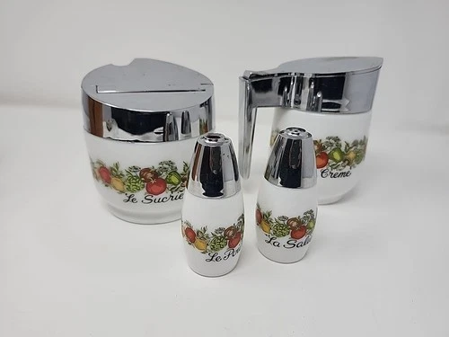 Vtg Set Of 4 Gemco Corning Ware Cream Pitcher Sugar Spice of Life Milk Glass