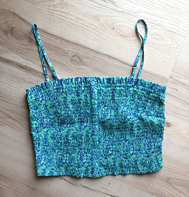 Roller Rabbit Blue/Green Floral Cotton Knit Smocked Button Front Crop Cami M