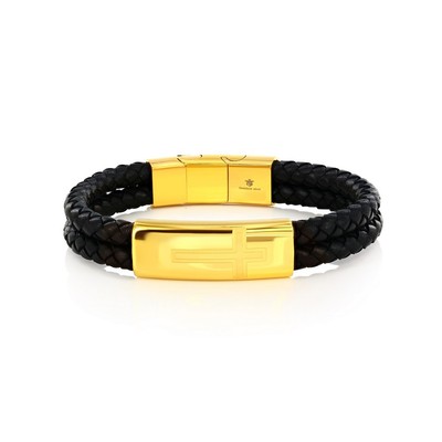 Steel Double Leather Strand Cross Design Bracelet - Black & Gold
