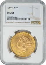 1862 $20 Gold Liberty MS61 NGC 949499-1