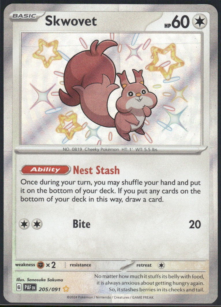Skwovet 205/091 Shiny Rare Paldean Fates Pokemon Holo Near Mint