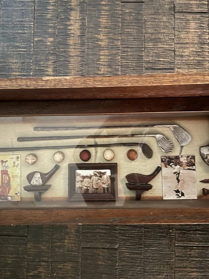Caja de sombras vintage de historia del golf con marco de madera decoración de pared Foto 3 de 4