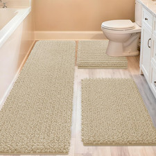 3-Piece Extra Large Bathroom Rug Set Non-Slip Soft Chenille Bath Mats Beige