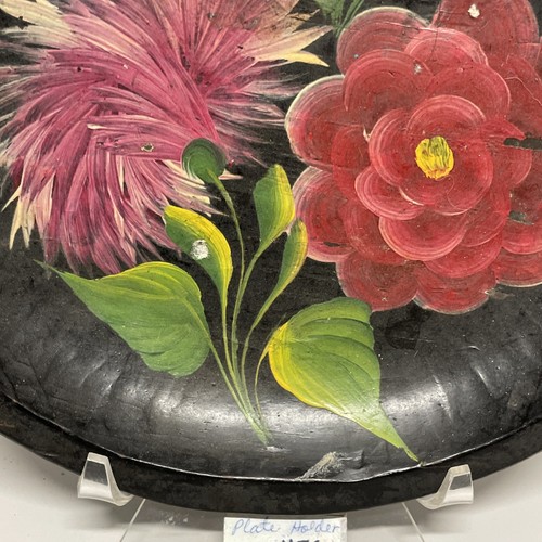 Vintage Batea Black Carved Wood Painted Floral 11" Mexican Tole Bowl - Picture 6 of 11