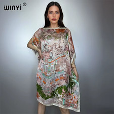 African Dress Printed Loose Femme Robe Muslim Beach Cover up Silk Feel Holiday E
