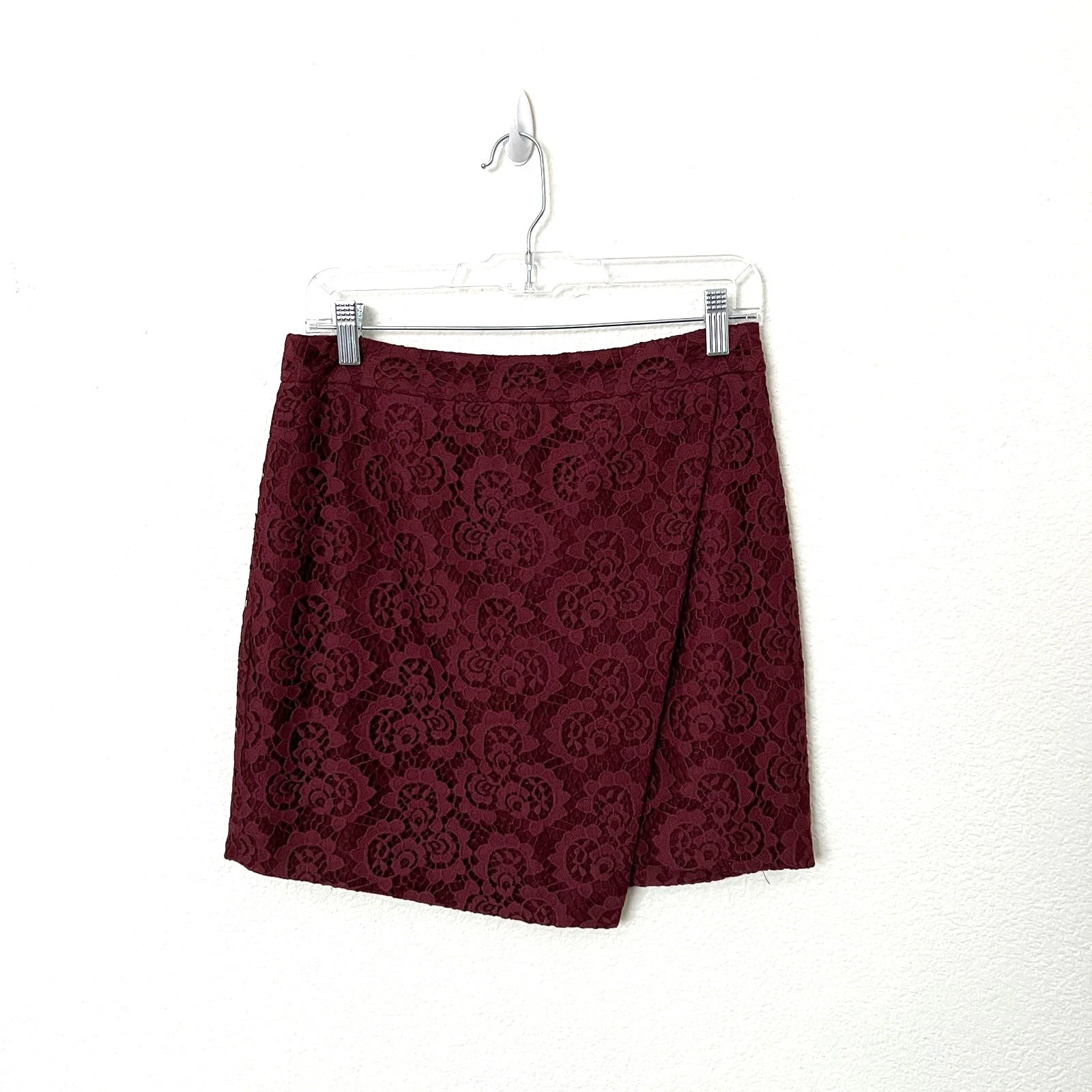 Madewell Size 4 Burgundy Maroon Lace Asymmetrical Faux Wrap Mini Skirt NWT