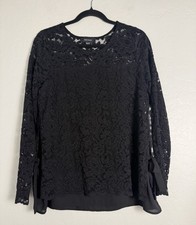 Karen Kane Women's Sz M Blouse Black Floral Lace Overlay Semi Sheer Chiffon Hem