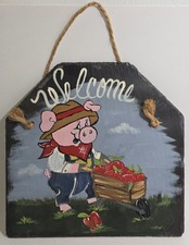 Hand Painted Pig Farmer Welcome Sign on Slate Rustic Farmhouse Wall Art