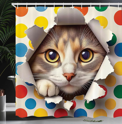 Cat Shower Curtain, Funny and Mischievous Kitty Peaking through a Torn with Colo