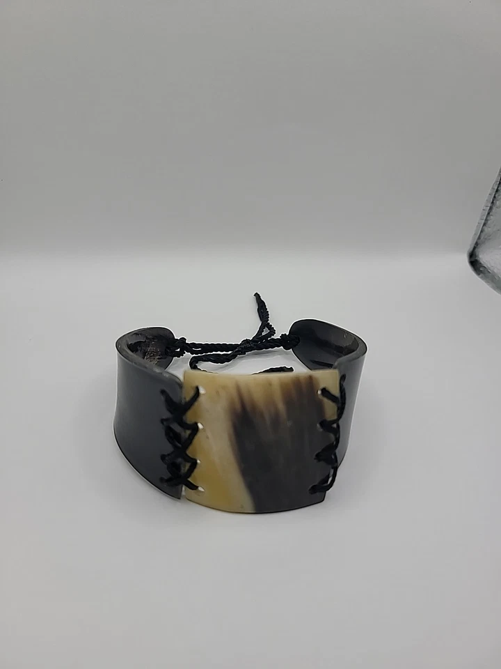 Vintage Handcrafted Natural Horn Cuff Bracelet Boho Tribal Style with Cord Lace - Image 3 of 4