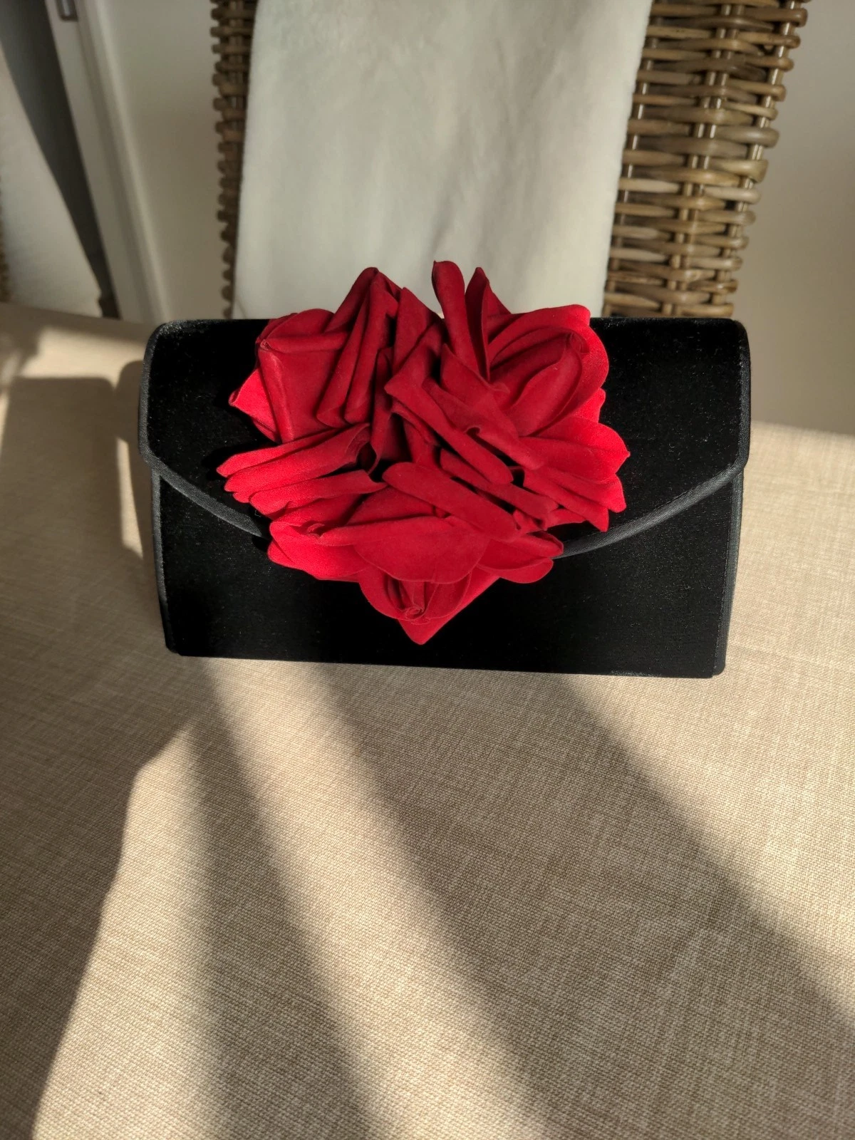 Designer small hand bag, wedding/party, black velvet with red flower, used once
