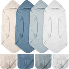 8 Pcs Baby Muslin Hooded Bath Towels and Washcloths, 32 X 32 Inch Muslin Cotton