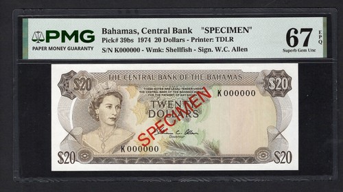 Bahamas 20 Dollars 1974 P39bs "Specimen" Uncirculated Grade 67 Top Pop - 第 1/2 張圖片