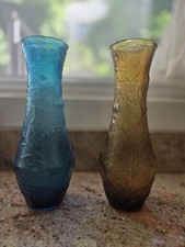 ​Pair of Vintage Italian Glass Vases – Teal Blue & Amber Amber/Gold