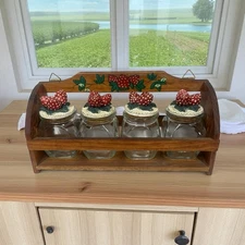 Vtg 3D Strawberry Wooden Spice Rack & 4 Glass Jars 80s 90s Kitchen Decor 10" L